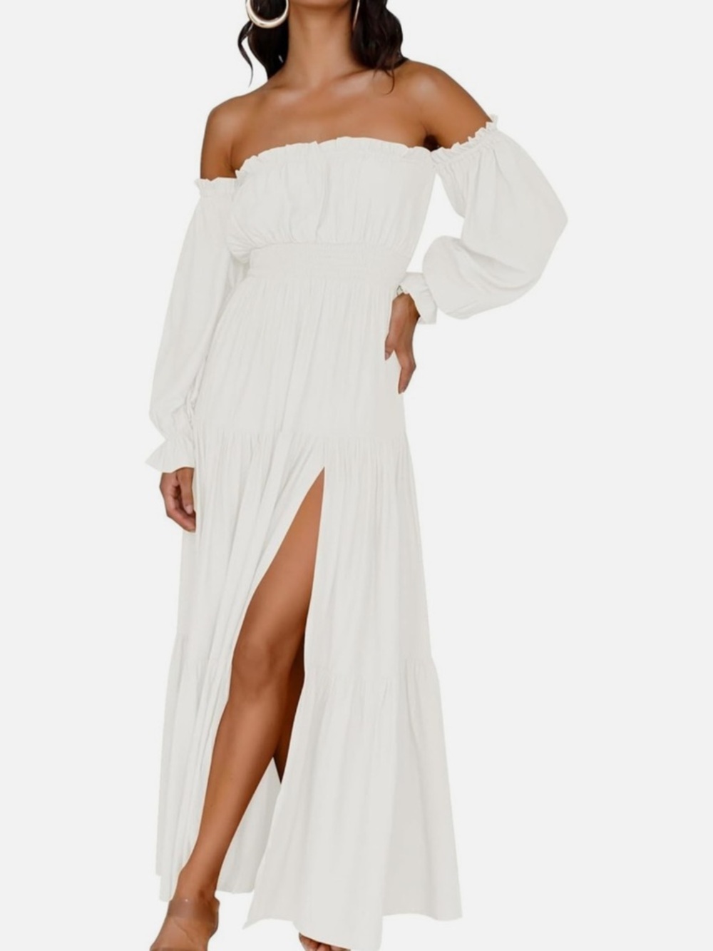 Off-Shoulder White Maxi Dress with Front Slit